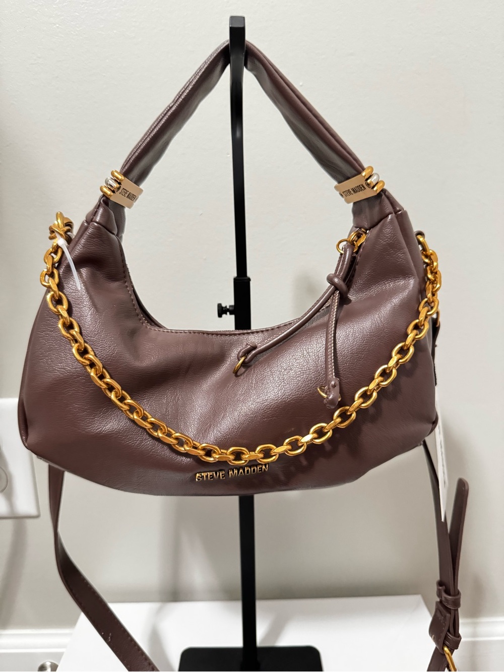 Steve Madden Chocolate Brown faux Leather Crossbody Bag with Gold Chain detail